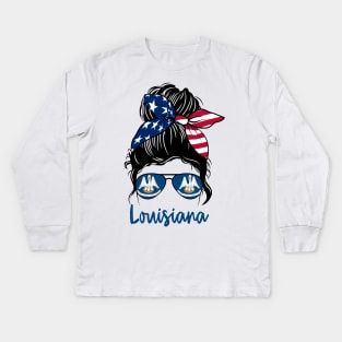 Louisiana girl Messy bun , American Girl , Louisiana Flag Kids Long Sleeve T-Shirt